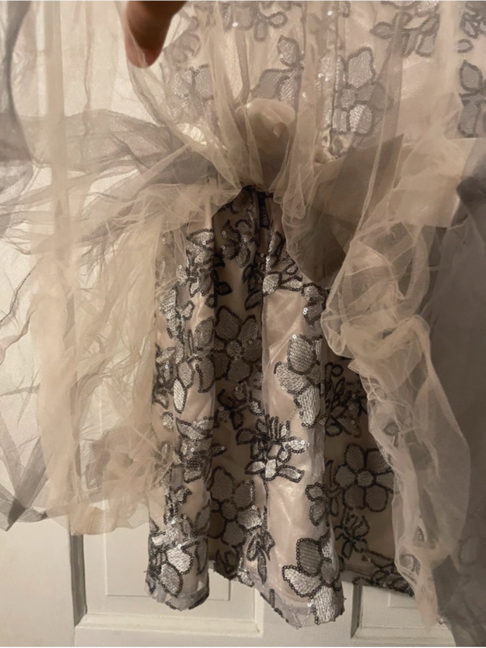 Angel Champagne and Silver Floral Lace Tulle Dress with Jeweled Waist - Picture 3 of 6